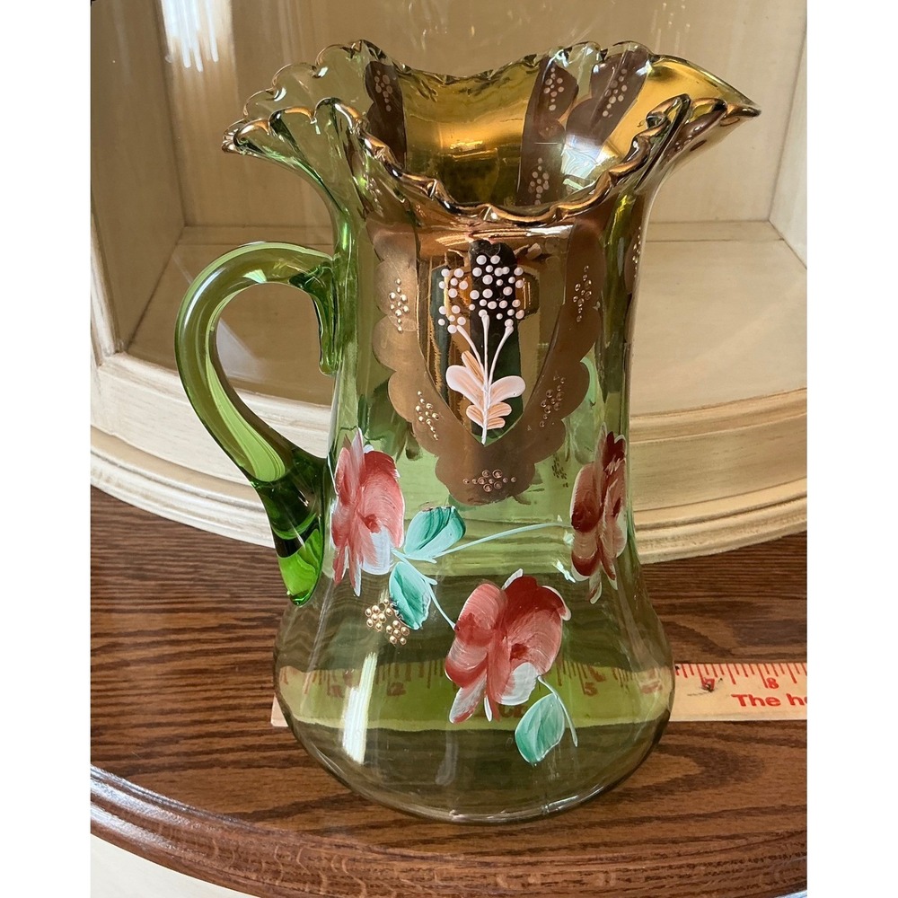 Vintage Bohemian Green Glass Pitcher & 6 Glasses Hand Painted Floral Gold Set - Picture 15 of 16